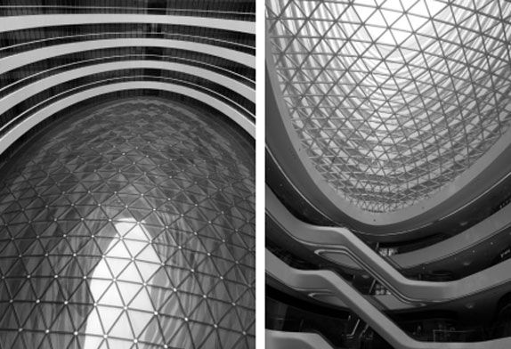 Outdoor (left) and indoor (right) side view of the lighting roof